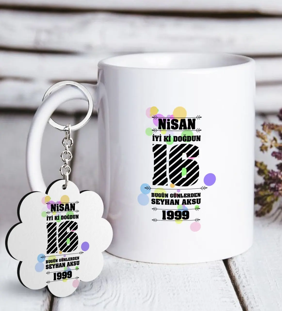 

Personalized Dated happy birthday White Mug and Keychain Gift Set