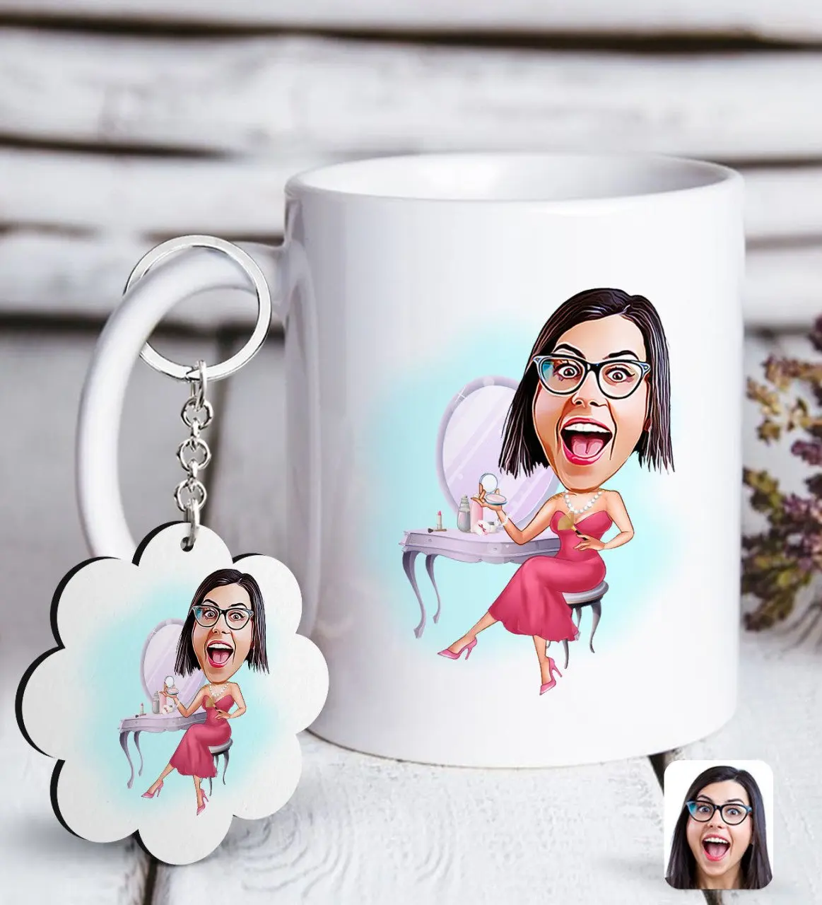 

Personalized Women 'S Caricature Of White mug And Keychain Gift Seti-23