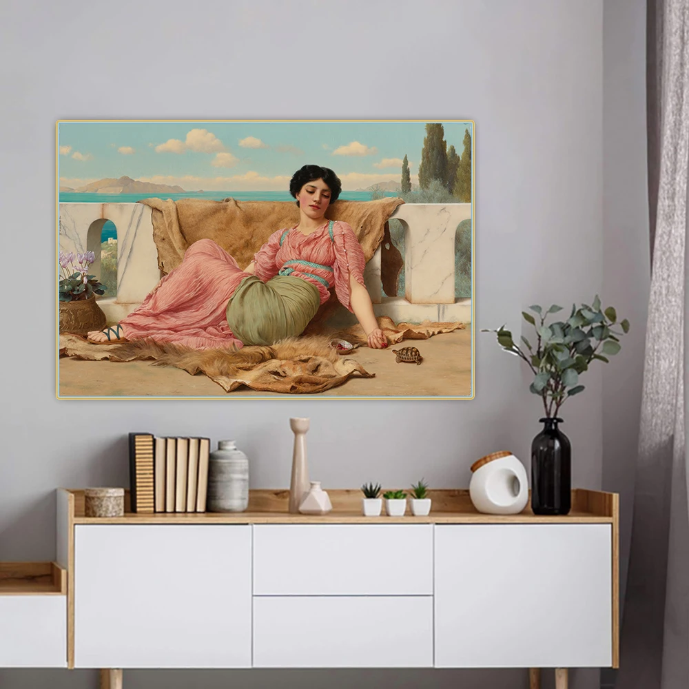 

Holover Canvas Oil Painting John William Godward"The Quiet Pet"Classical Marble Architecture Aesthetic Home Room Decoration