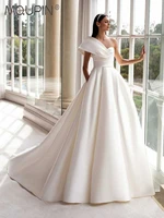 mqupin satin a line bridal dress wedding one shoulder pleated simple long female backless button sweeping train 2022 fashion