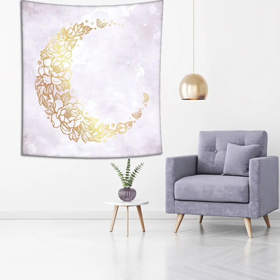 Гобелен с цветочным узором в форме золотого полумесяца цветы листья бабочки