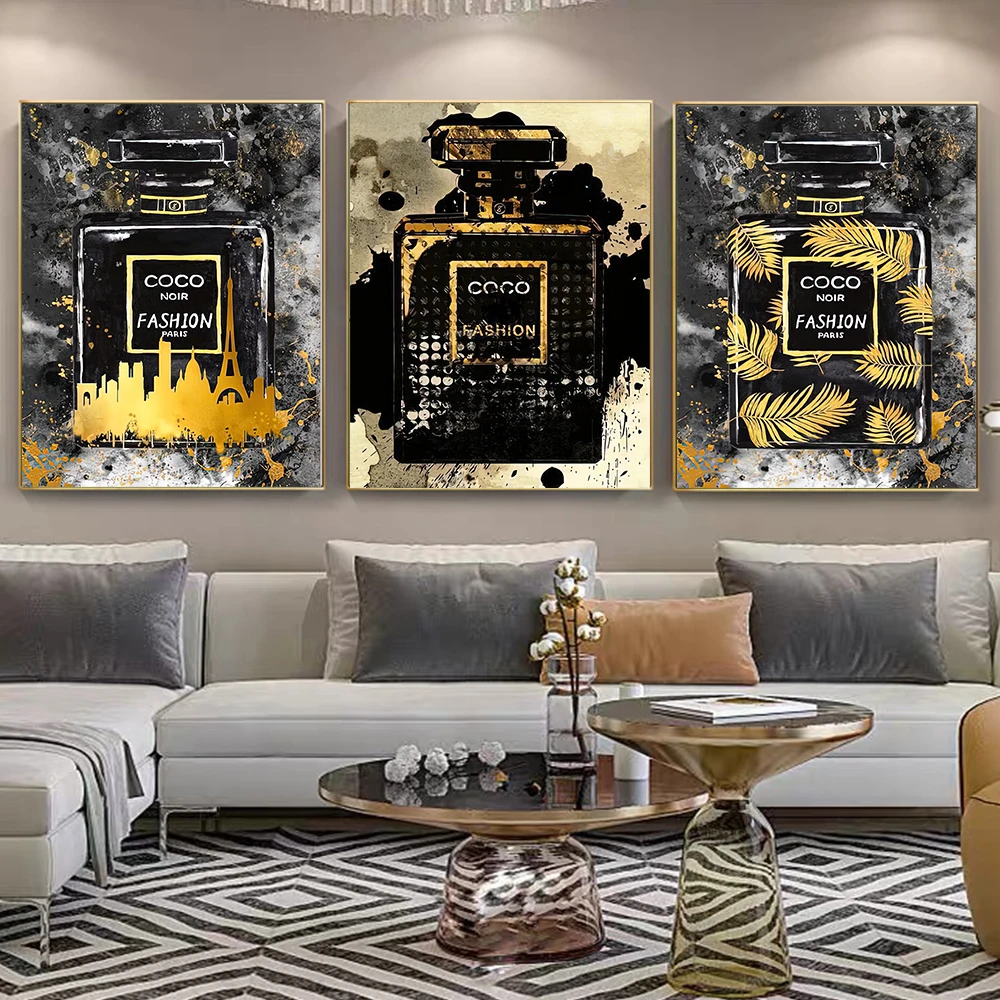 

Black With Gold Paris Perfume Bottle Fashion Poster Canvas Painting Wall Art Picture For Bedroom Decoration Paintings Room Decor