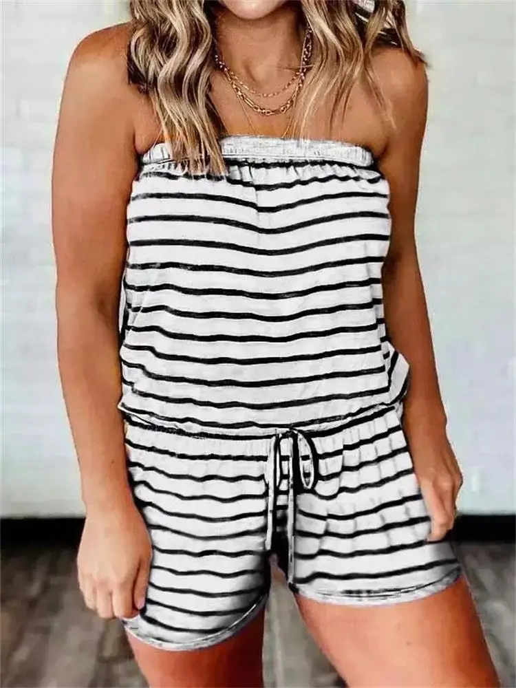 

Casual Striped Drawstring Strapless Romper Long Sleeve Jumpsuit Women Fashion Streetwear Outfits Overalls