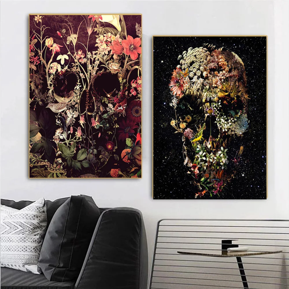 

Colorful Bloom Skull Canvas Painting Gothic Floral Skull Poster and Print Picture for Living Bedroom Room Wall Art Home Decor