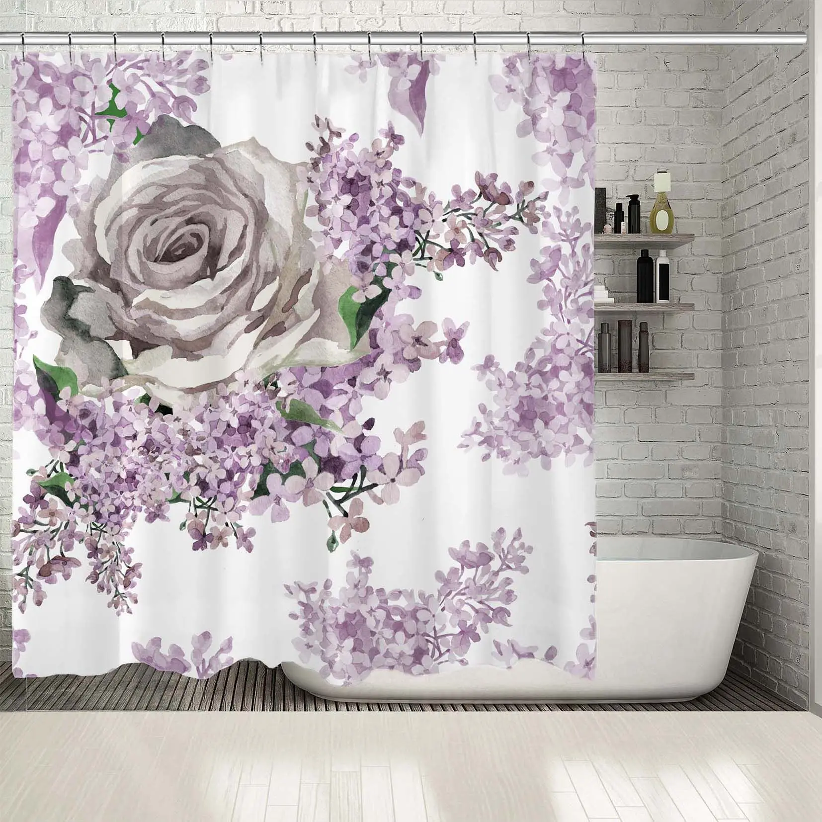 Занавеска для душа Роза и сиреневые цветы акварельные цветочные мягкие цветные
