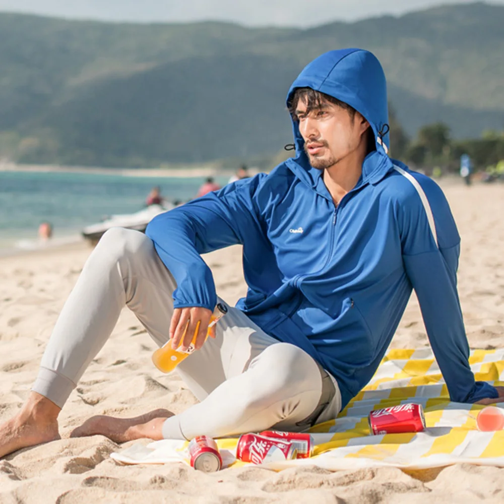 

OhSunny Men Outdoor Anti-UV Sun Protection Hoodie Sunscreen Coats Clothes Breathable Stripe Long Sleeve T Shirts Beach Sports