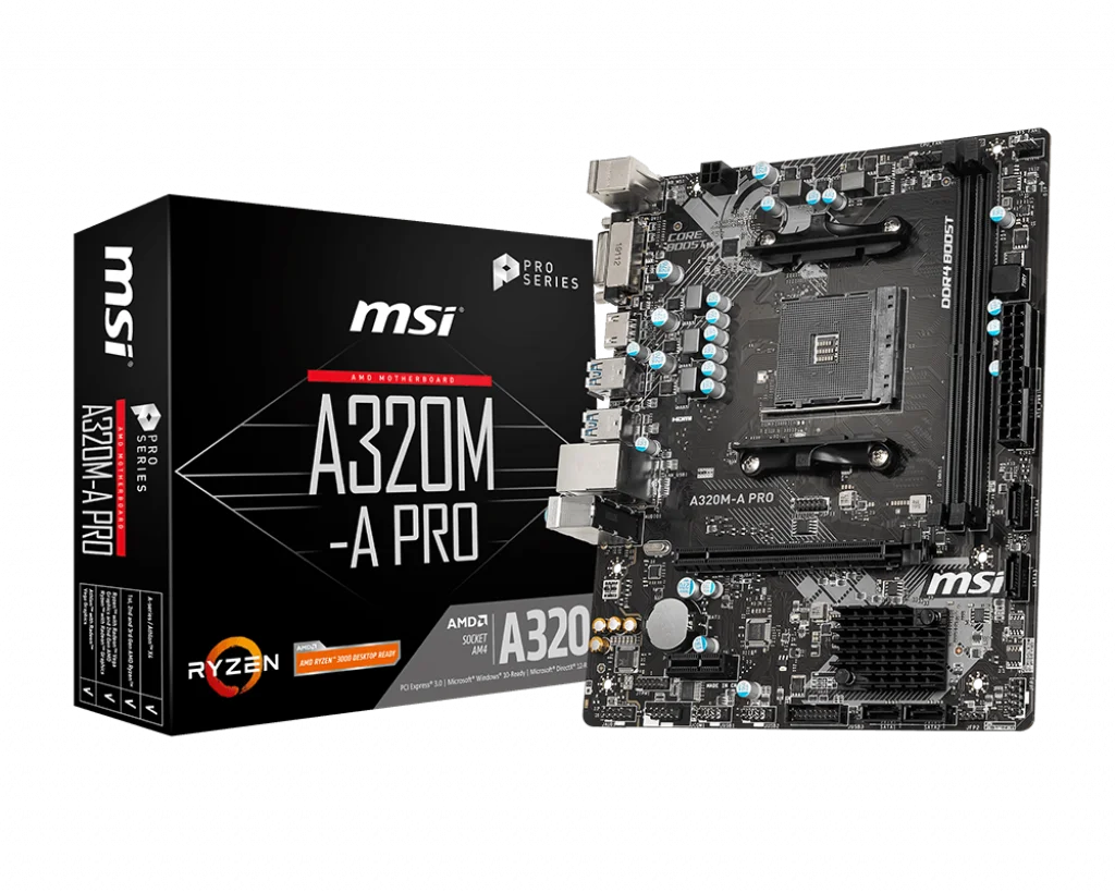 

MSI A320M-A PRO A320M Micro-ATX AMD A320 DDR4 3200(OC)MHz,SATA 6Gbps, DVI-D, 32G, USB3.2, Can support R9 CPU Socket AM4