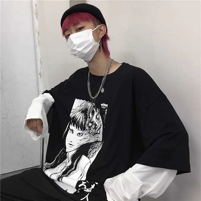 NiceMix Harajuku футболка женская поддельная 2 шт. принт японский Fujiang Ужасы комиксы длинный рукав рубашка Женская Vetement Femme