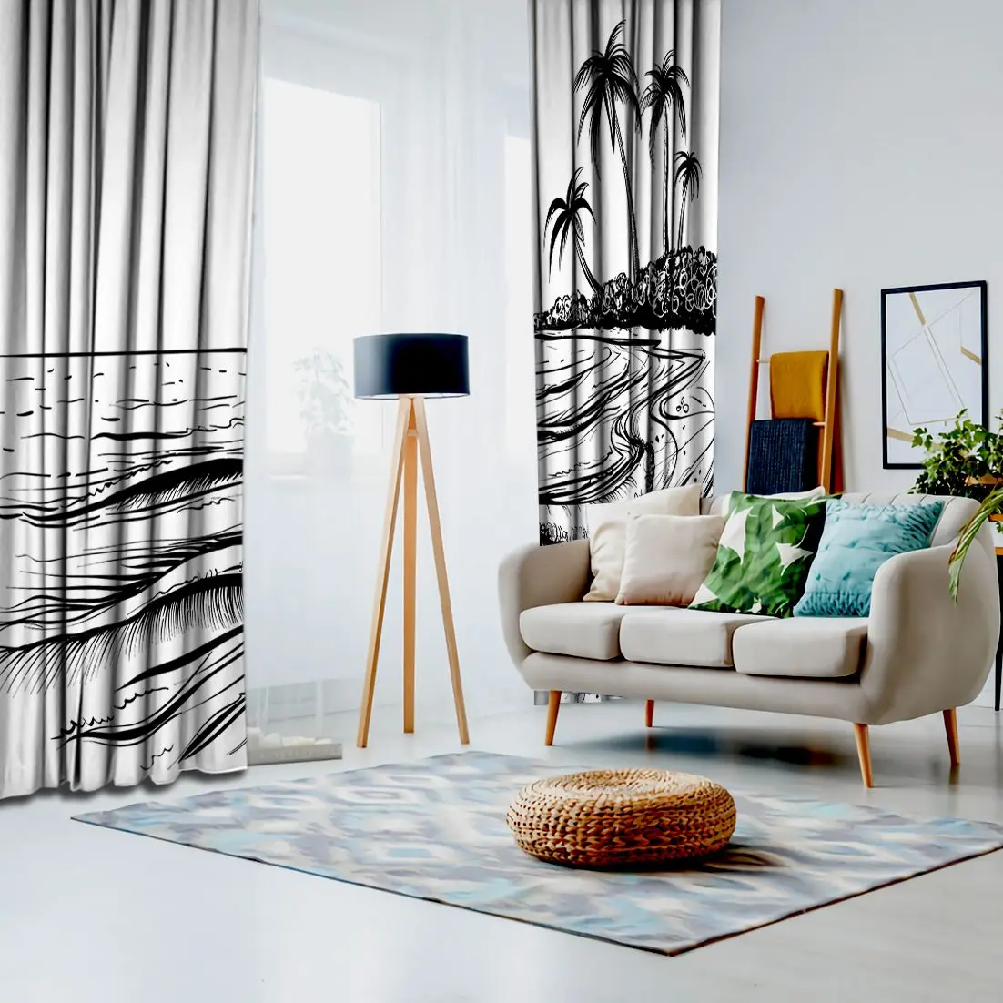 Занавеска с морскими волнами и пальмами вид на море иллюстрация черно-белый