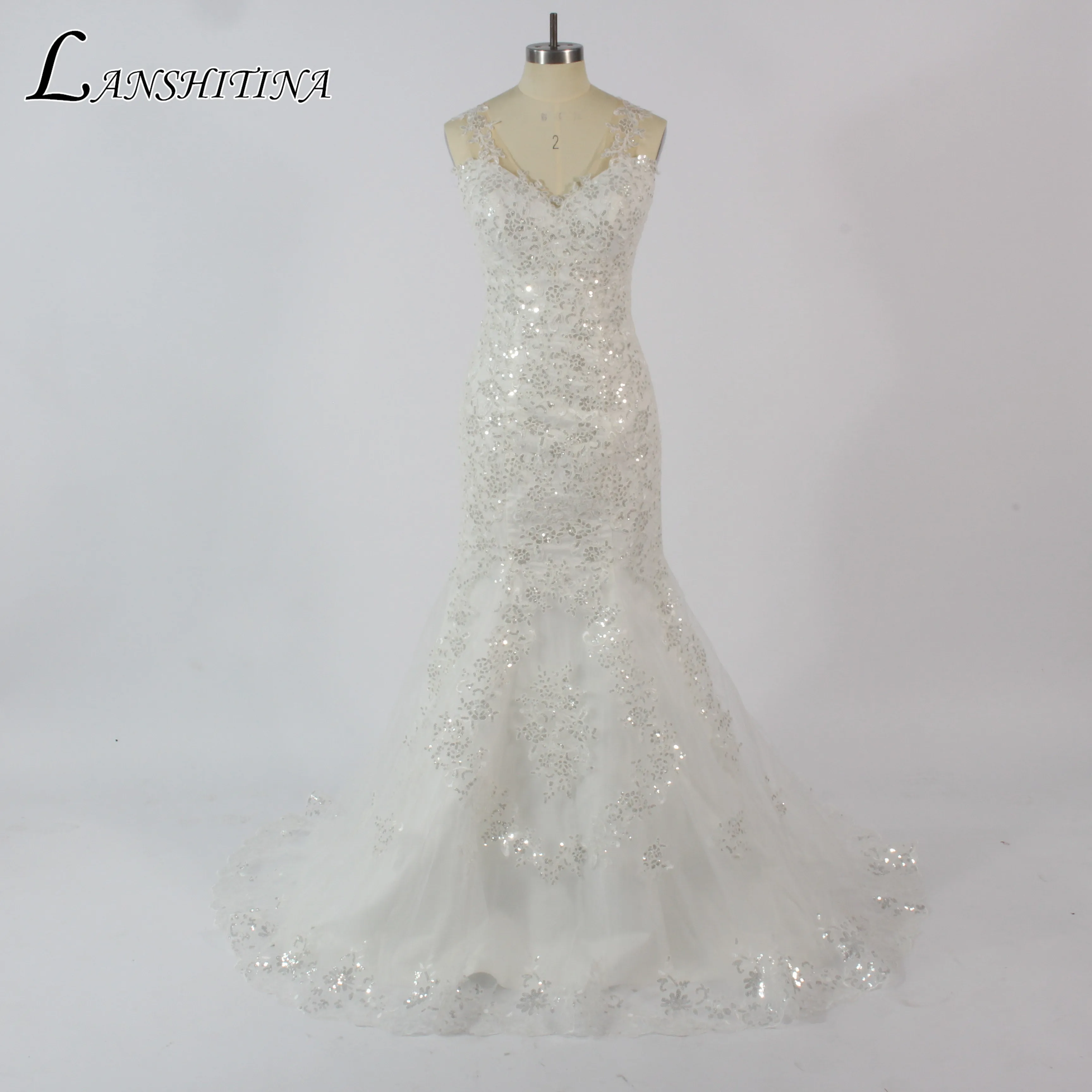 

Trumpet/Mermaid V-Neck Sweep Train Lace Tulle Wedding Dress with Sequins