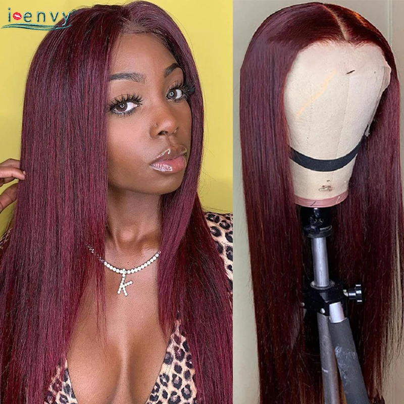 

Transparent 99J Burgundy Lace Front Human Hair Wigs For Woman Red Color Bone Straight Lace Frontal Wig PrePlucked Brazilian Remy