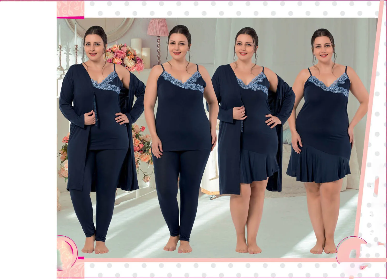

Women Nightgown Dressing Gown Pajamas Set Cotton Lace Bed Comfortable Soft Wearable Large Size Set Bride 4-Piece Dowry Set Size