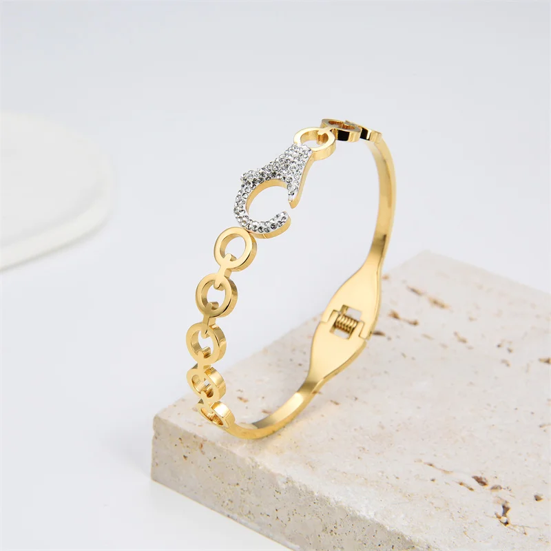 

New Popular Stainless Steel Gold Plating Cuff Symbol Bangles For Women Bangle Bracelet Luxury Brand Wedding Female Jewelry Gifts