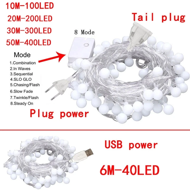

50M 30M 20M 10M 6M Garland LED Ball String Light Christmas Bulb Fairy String Decorative Lights for Home Wedding Party Decoration