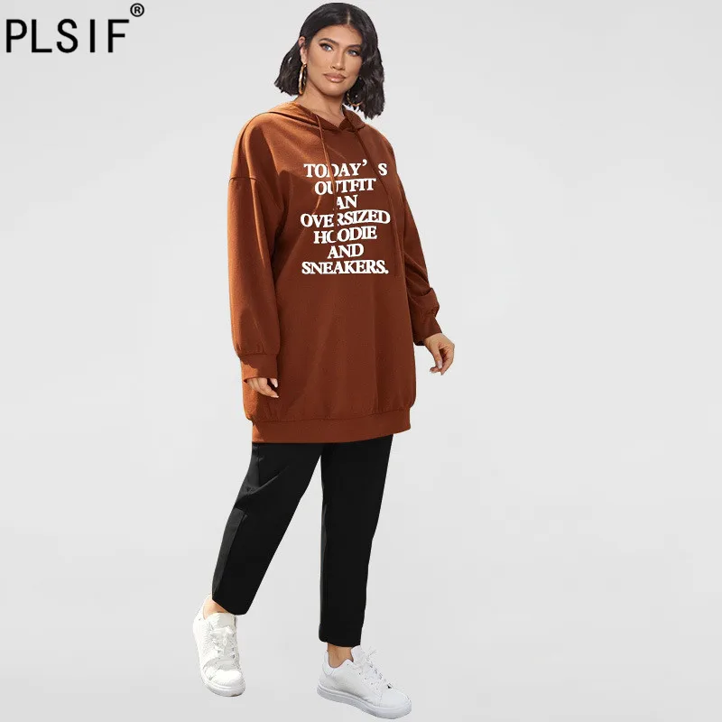 Женский Длинный свитер с капюшоном и надписью рукавами-фонариками |