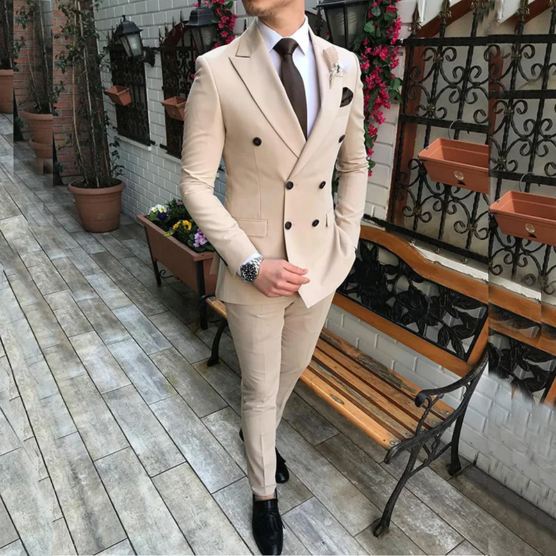2021 New Beige Men's Suit 2 Pieces Double-breasted Notch Lapel Flat Slim Fit Casual Tuxedos for Wedding(Blazer+Pants)