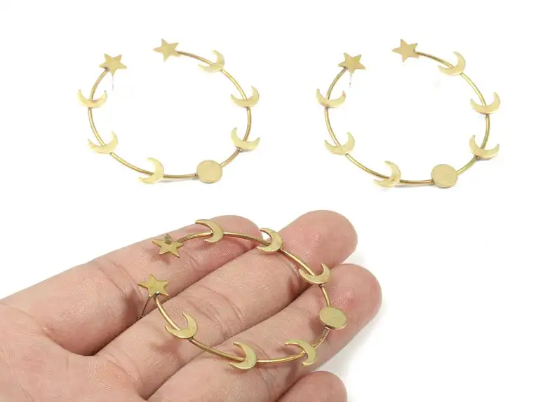 

Brass Stars Hoop Stud Earring - Raw Brass Open Hoop Crescent Earring Post - 2Pcs/Lot-Jewelry Supplies-50.65x8.23x2.18mm-PP3315