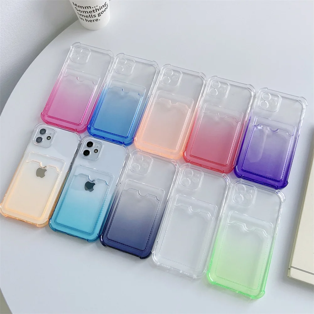 

Gradient Card Holder Clear Phone Case For iPhone 12 Mini 11 Pro XS Max XR 7 8 Plus Shockproof Soft Wallet Cover Card Holder