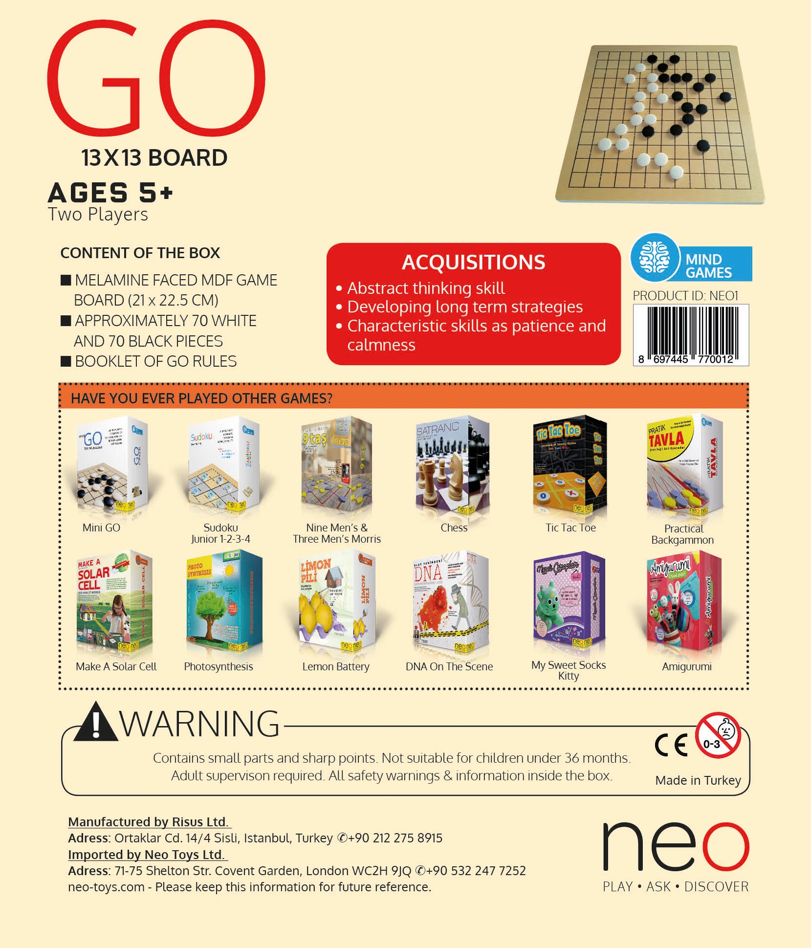 GO 13x13 Strategy Game - Melamine Faced MDF Board (21x22.5 cm) 15mm ABS 32 white and black pieces | Игрушки и хобби