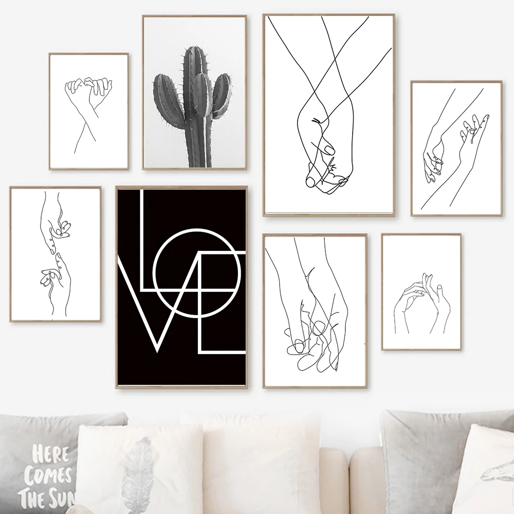 

Scandinavian Style Love Poster Black White Canvas Painting Cactus Hand Line Art Nordic Wall Pictures Living Room Home Decoration