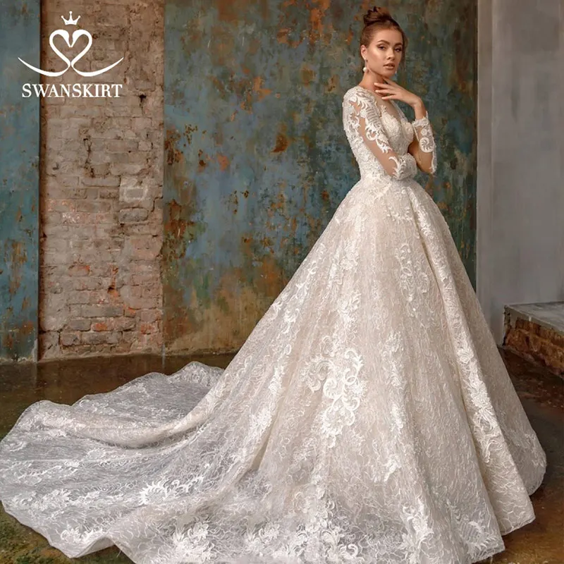 Шампанское Swanskirt, сексуальное бальное платье с длинным рукавом, свадебное платье,, винтажное, с глубоким вырезом, с аппликацией, принцесса, свадебное платье, Robe De Mariage N105 - Цвет: Шампанское