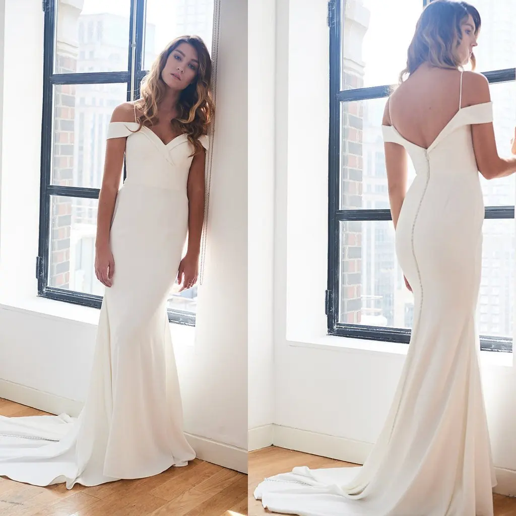 

11824#Ivory Sexy Backless Sweetheart Mermaid Boho Soft Satin Spaghetti Straps Sweep Train Wedding Dress Wedding Bridal Gown