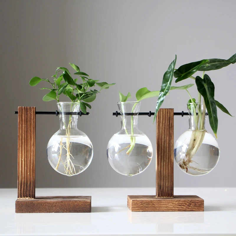 Terrarium Hydroponic Plant Vases Vintage Transparent Flower Pot Wooden Frame Glass Hanging Pots Tabletop Plants Home Bonsai |