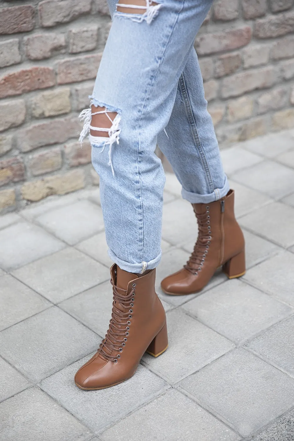 

Handmade Shoes Women's Heeled Leather Lace-Up Boot Nude White Black Beige Tan Colors