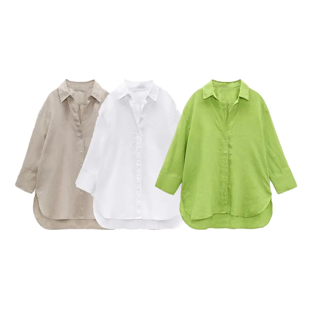 

Zach AiIsa spring and summer new women's fashion simple and versatile polo collar temperament linen texture long-sleeved shirt