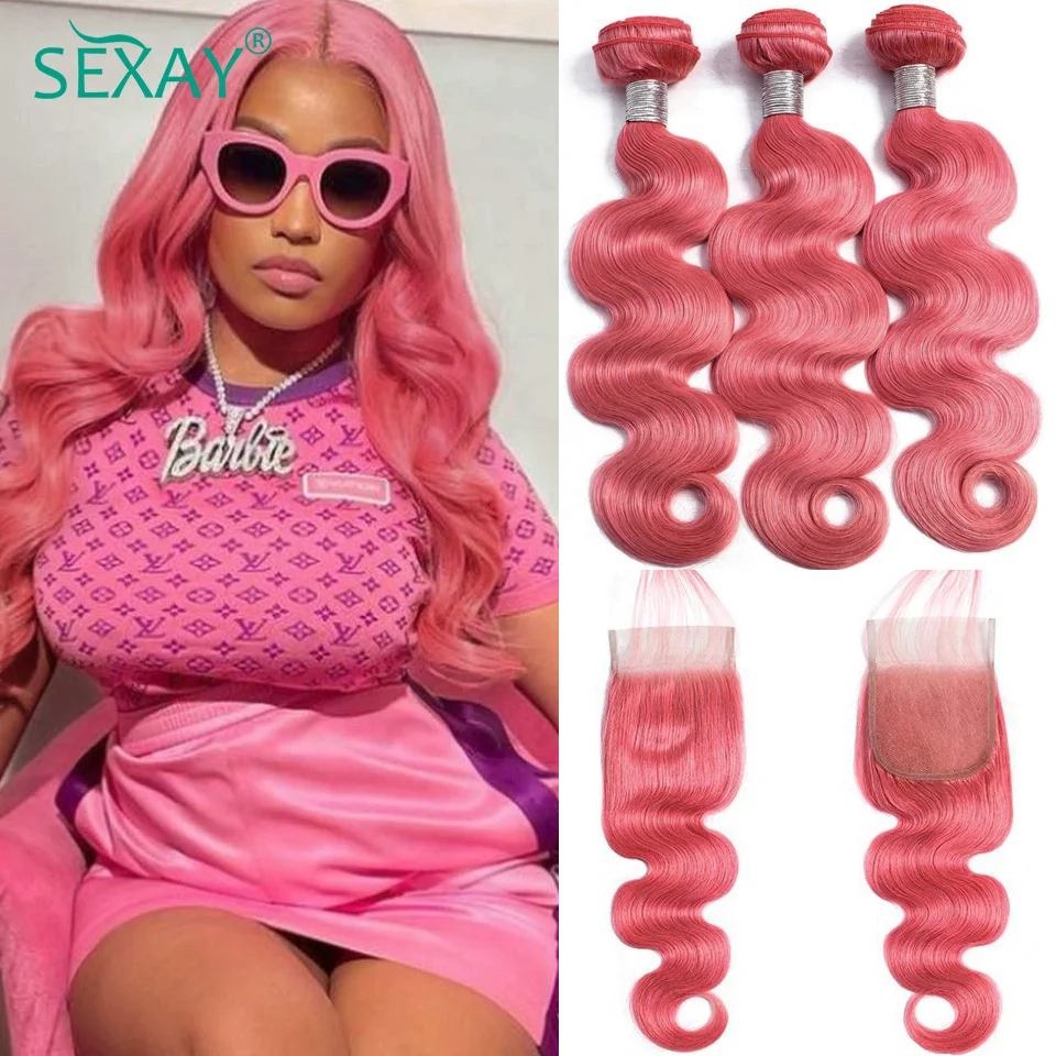 Sexay Rose Pink Bundles With Closure Brazilian Body Wave Human Hair Weave and Lace Closures Baby Hair Solid Pink Human Bundles