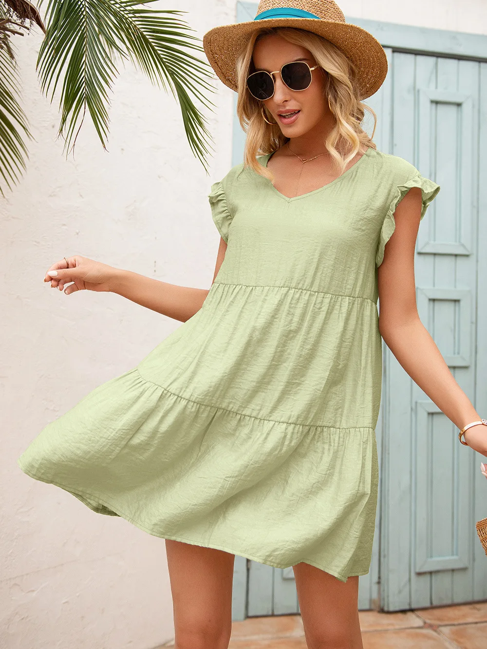 

Free Shipping Summer Solid color V-Neck Pleated Dresses Women Ruffles Short-Sleeved Dress Trendy Cute Short Stylish Ladies Dress