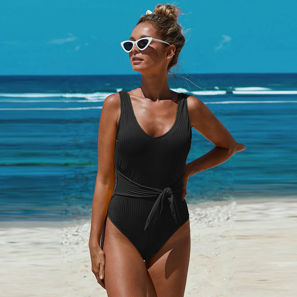 

Women Swimsuit Solid Color One Piece Tie Belt Underwear Tight Swimwear Triangle Swimming Suits Swimwear Patchwork