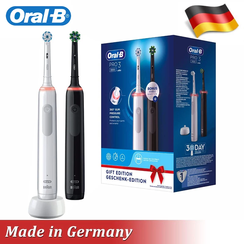 Oral B Pro 3900 2 Pcs Electric Toothbrush with Smart Pressure Sensor For Men Women Electronic Whitening Teeth Brush White Black