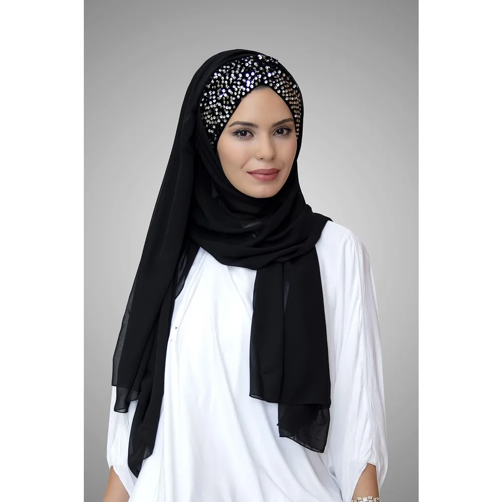 Practical Bone Velvet Sequin Head Cover  Hijab Muslim Arabic Shawl Scarf Black Red Blue Burgundy Khaki