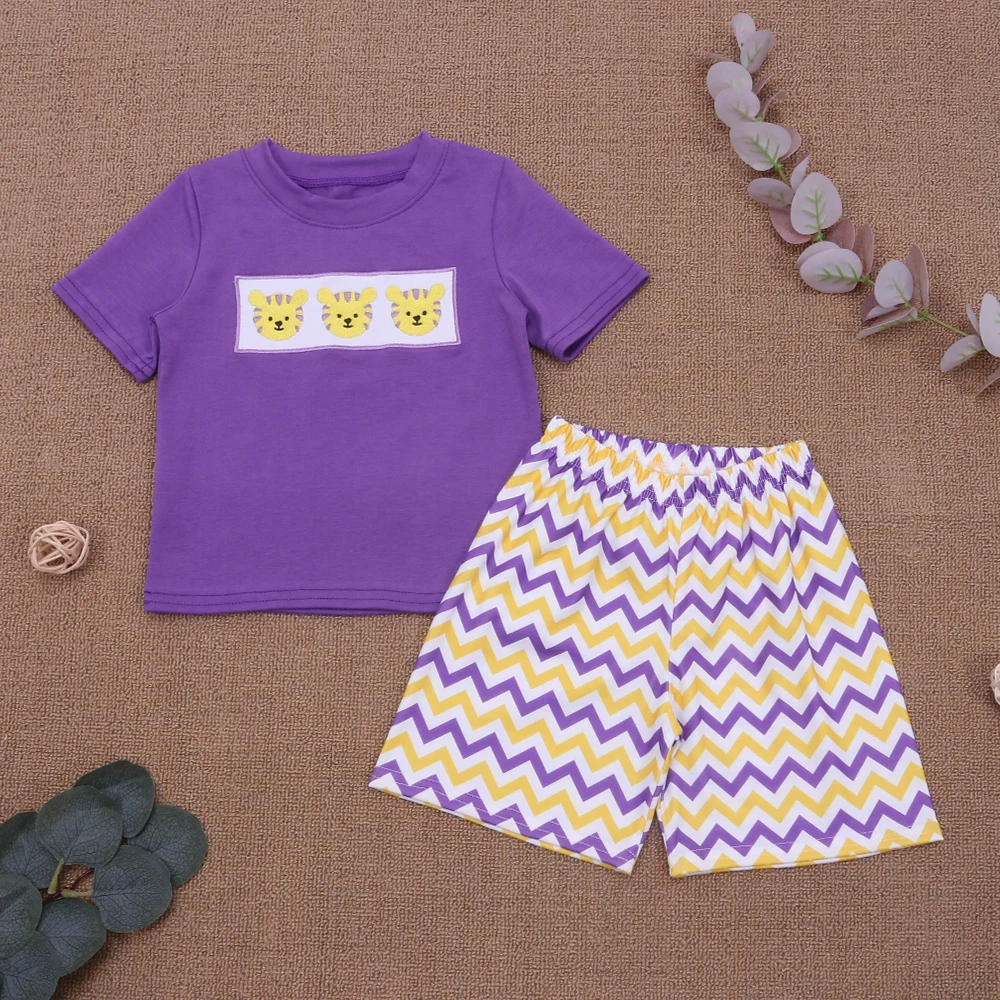 

New Born Babi Boy Clothes Set Cotton Clothing Suit Cute Tiger Embroidery T-shirt Purple Stripe Leisure Sport 2pcs Children Set