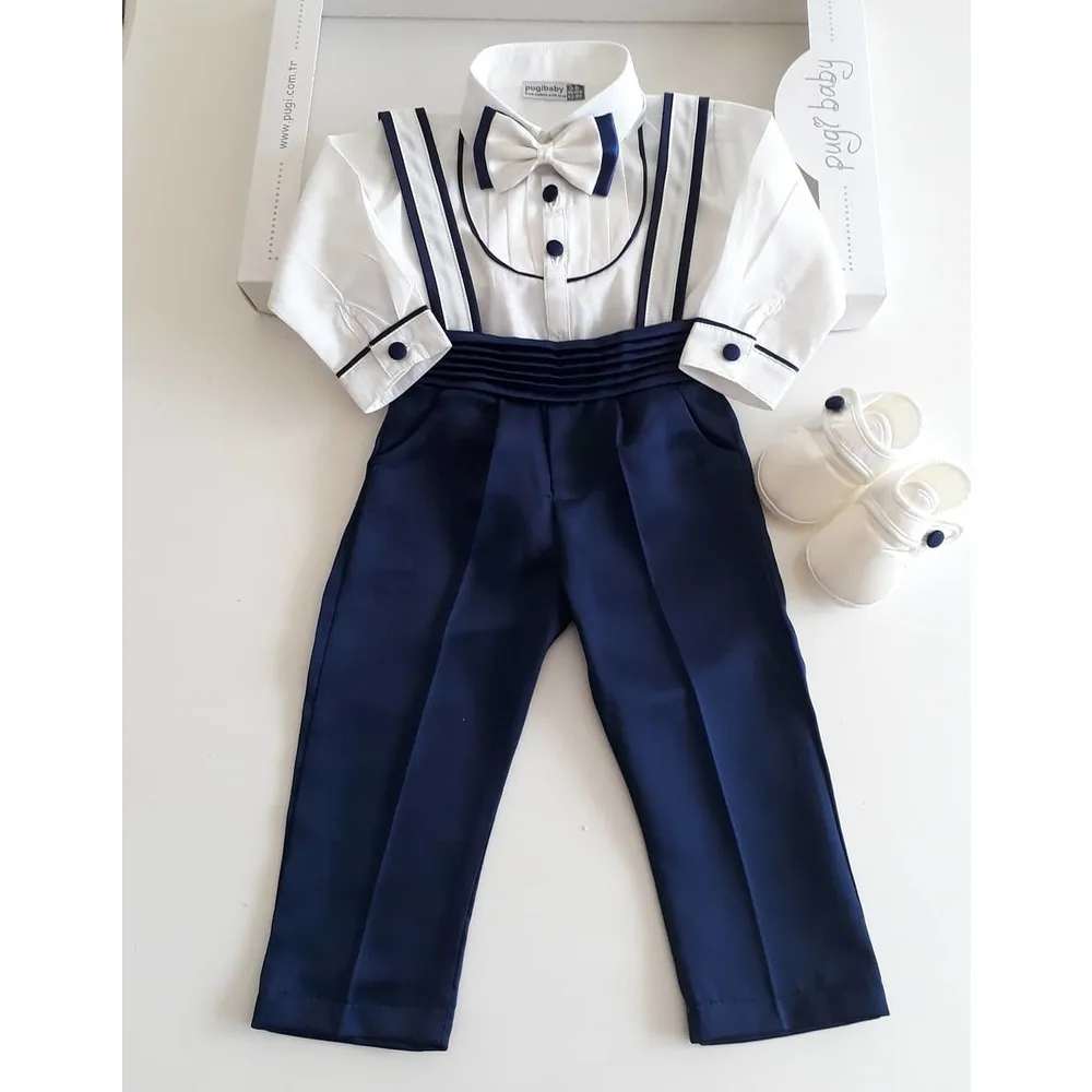 Baby Boy Navy Blue Slope Set Cotton Suspended Shoes Bowtie Set