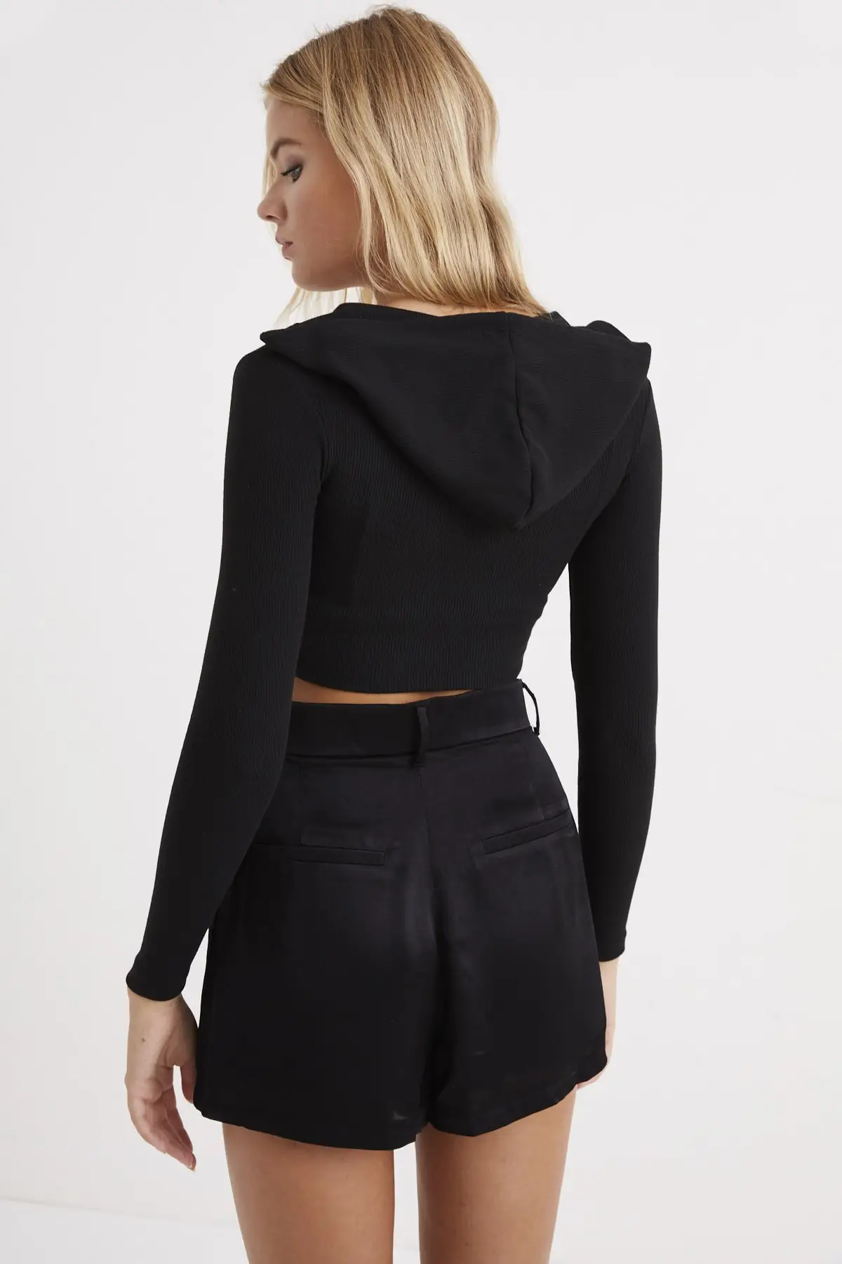 

Hooded Sport Modern Spring Black Jacket Blouse Shirts Women Sexy V-Neck Short Zipper Sleeve Pullover Tops Lady Casual Loose
