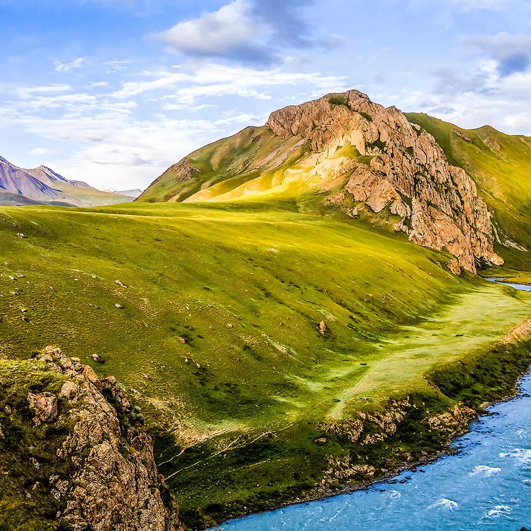 

Curtain Mountain River Stream Valley Cloudy Sky Spring Nature Scenery Landscape Green Blue