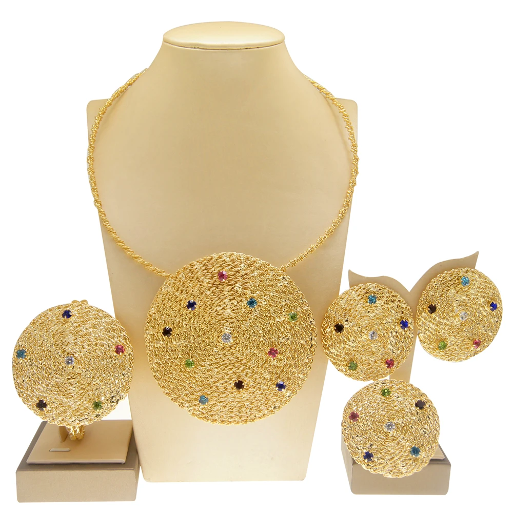 Комплект женских золотых ювелирных украшений из Дубая, большие разноцветные Серьги-подвески, Изысканный свадебный подарок H20005