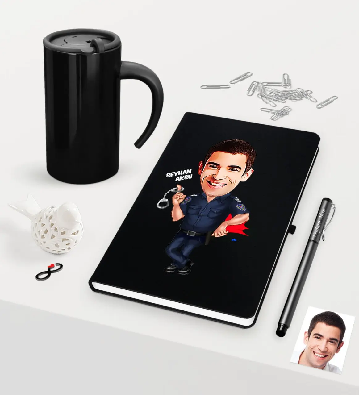 

Personalized Mr Polis Caricature Of Black Notebook Pen Thermos Mug set-2 memoir Book Organizer Gift Options Dear spouse reliable