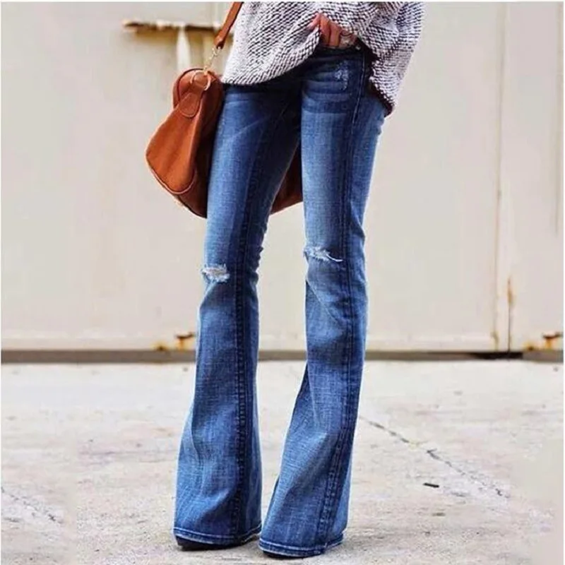

Washed Ripped Skinny Flared Jeans for Women 2020 Autumn High Waist Korean Vintage Bleached Hole Trousers Female Denim Pants Blue
