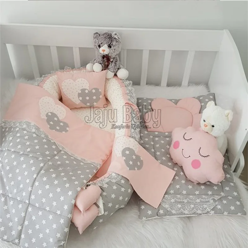 Jaju Baby Handmade Gray Star Design Salmon Fabric Luxury Orthopedic Baby Bed Babynest 6 Piece Set Babynest Set Mother Side