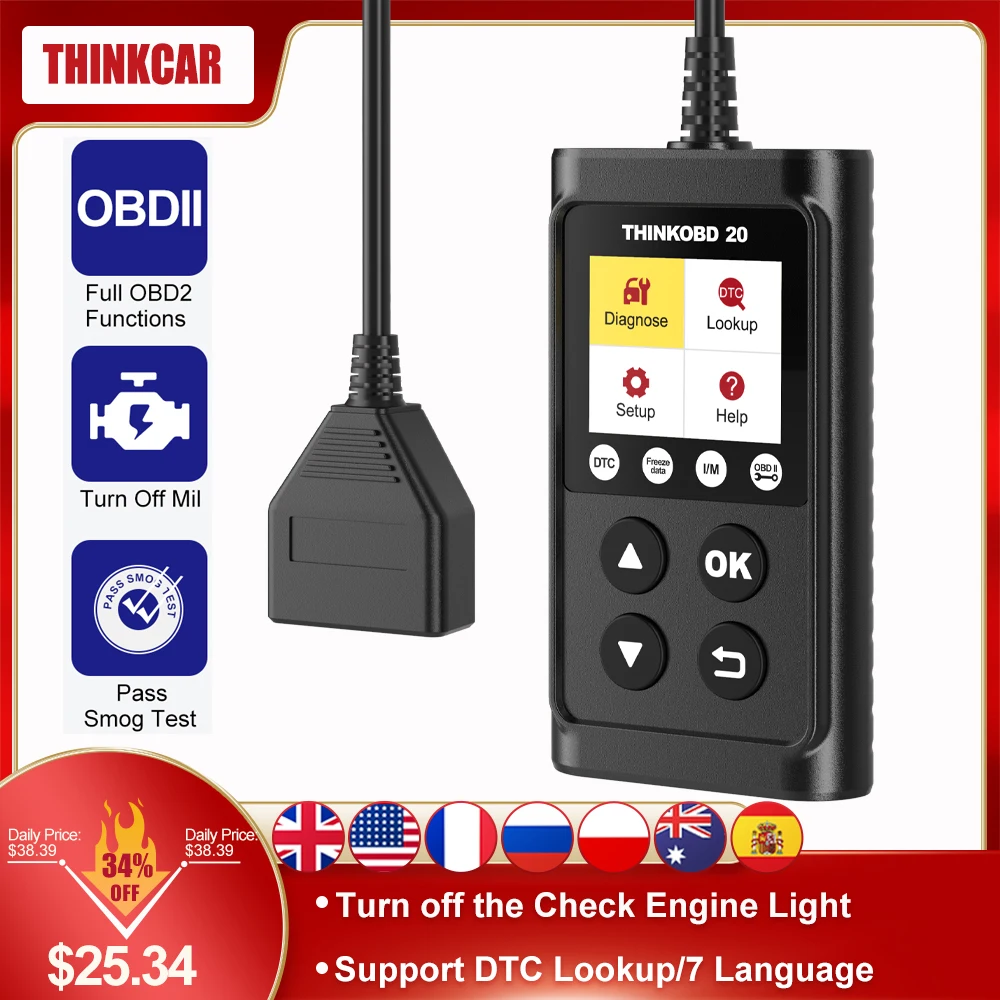 

Сканер THINKCAR THINKOBD20 OBD2 для считывания кодов двигателя, Автомобильные диагностические инструменты, бессрочный Бесплатный обновленный Автомо...