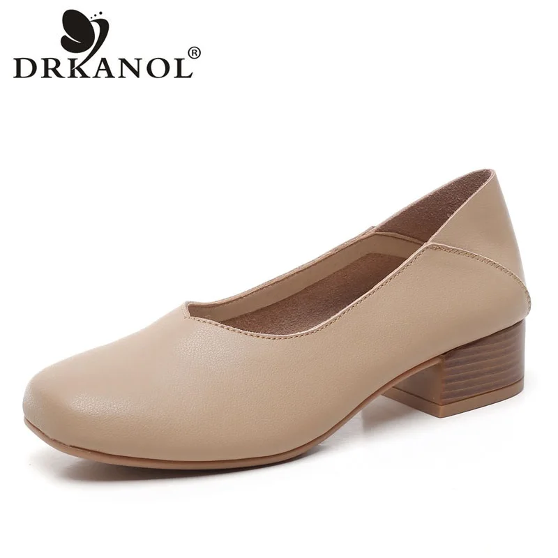 

DRKANOL Fashion Genuine Leather Thick Heel Shoes Women Pumps Spring Shallow Square Toe Slip On Office Lady Female Single Shoes