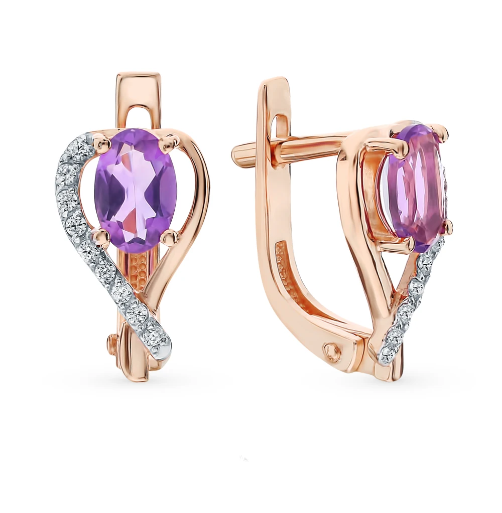 Золотые серьги с аметистом и фианитами SUNLIGHT проба 585|Серьги-клипсы| |