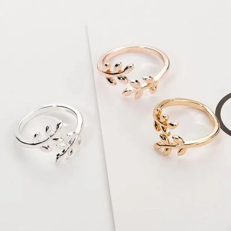 10PCS Summer Jewelry Rose Gold Color Unique Laurel Leaf Rings Adjustable Leaves Charms Two Olive Tree Branch Leaves Open Ring