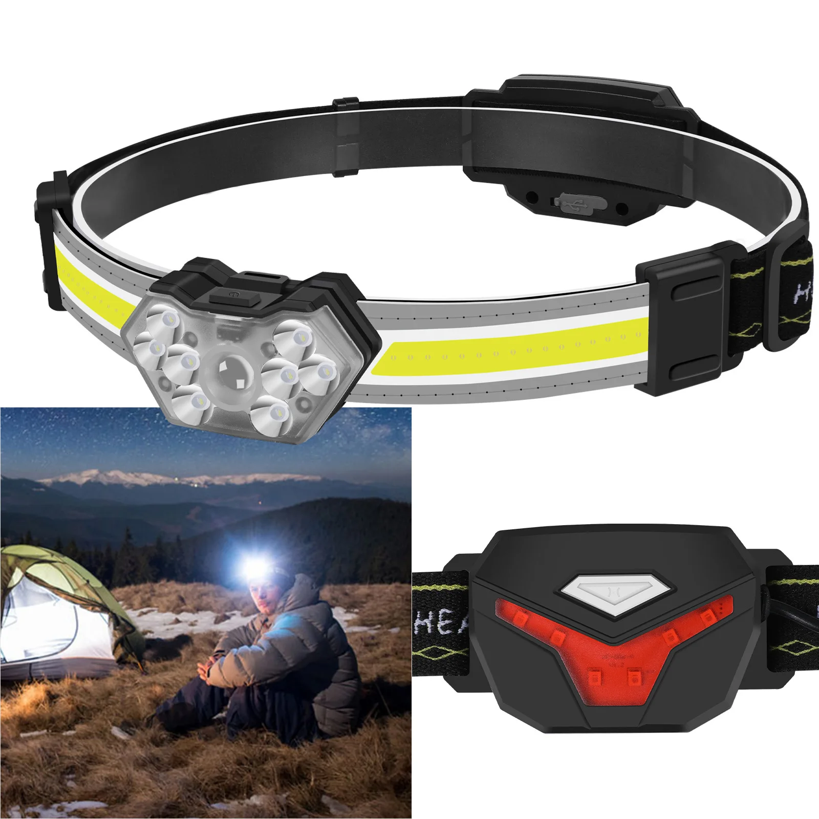 

Headlights outdoor bicycle riding lights USB mountaineering camping fishing COB far and near light with taillights