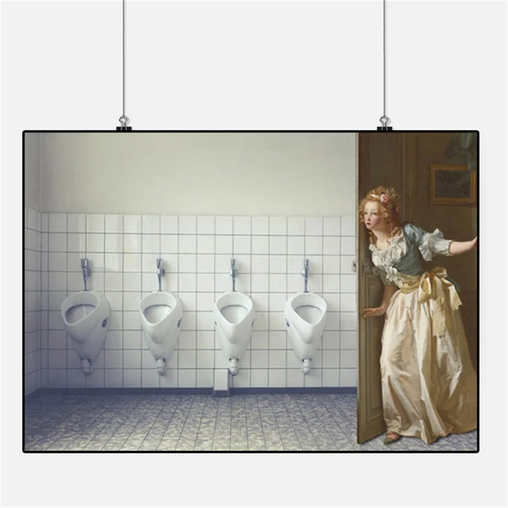 

Girl Who Strayed into Men's Bathroom Canvas Painting Funny Posters and Prints Modern Wall Picture for Living Room Home Decor