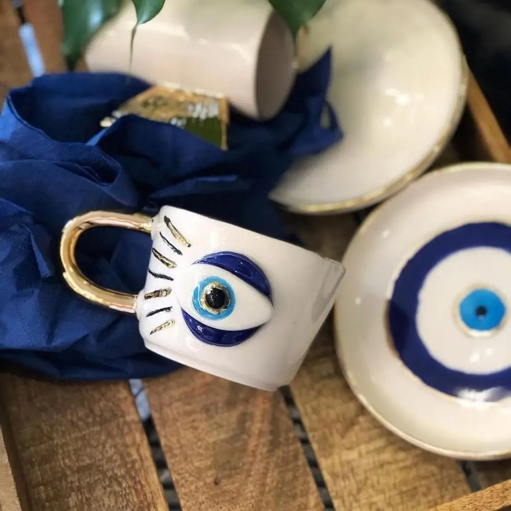 

Evil eye beaded cup and saucer gold gilded turkish coffee creative mugs white ceramic tea stylish new style cute FREE SHPPNG
