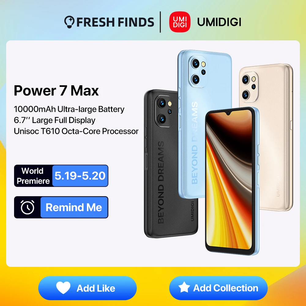 [World Premiere] UMIDIGI Power 7 Max Android 11 Smartphone 10000mAh Unisoc T610 6GB 128GB 6.7" Display 48MP Camera NFC Celular
